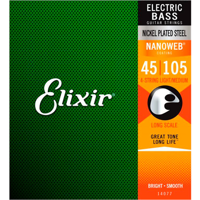 Elixir Nanoweb Nickel Plated Steel Electric Bass Guitar Strings - 45-105 Light/Medium Long Scale 14077