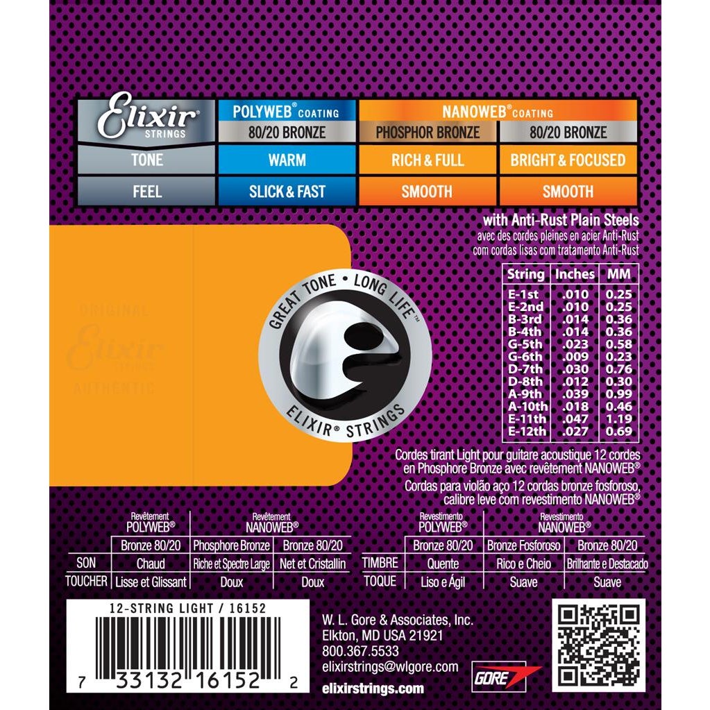 Elixir Nanoweb Phosphor Bronze 12-string Acoustic Guitar Strings - 10-47 Light 16152