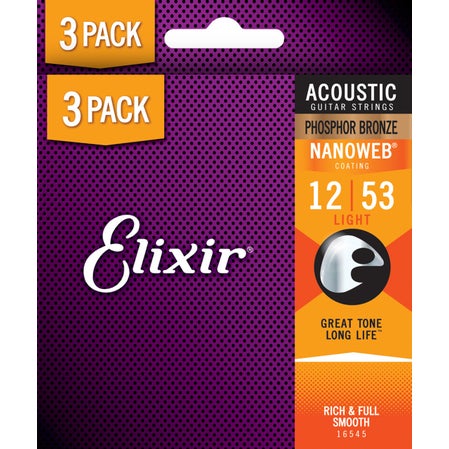 Elixir Nanoweb Phosphor Bronze 3-Pack Acoustic Guitar Strings - 12-53 Light 16545