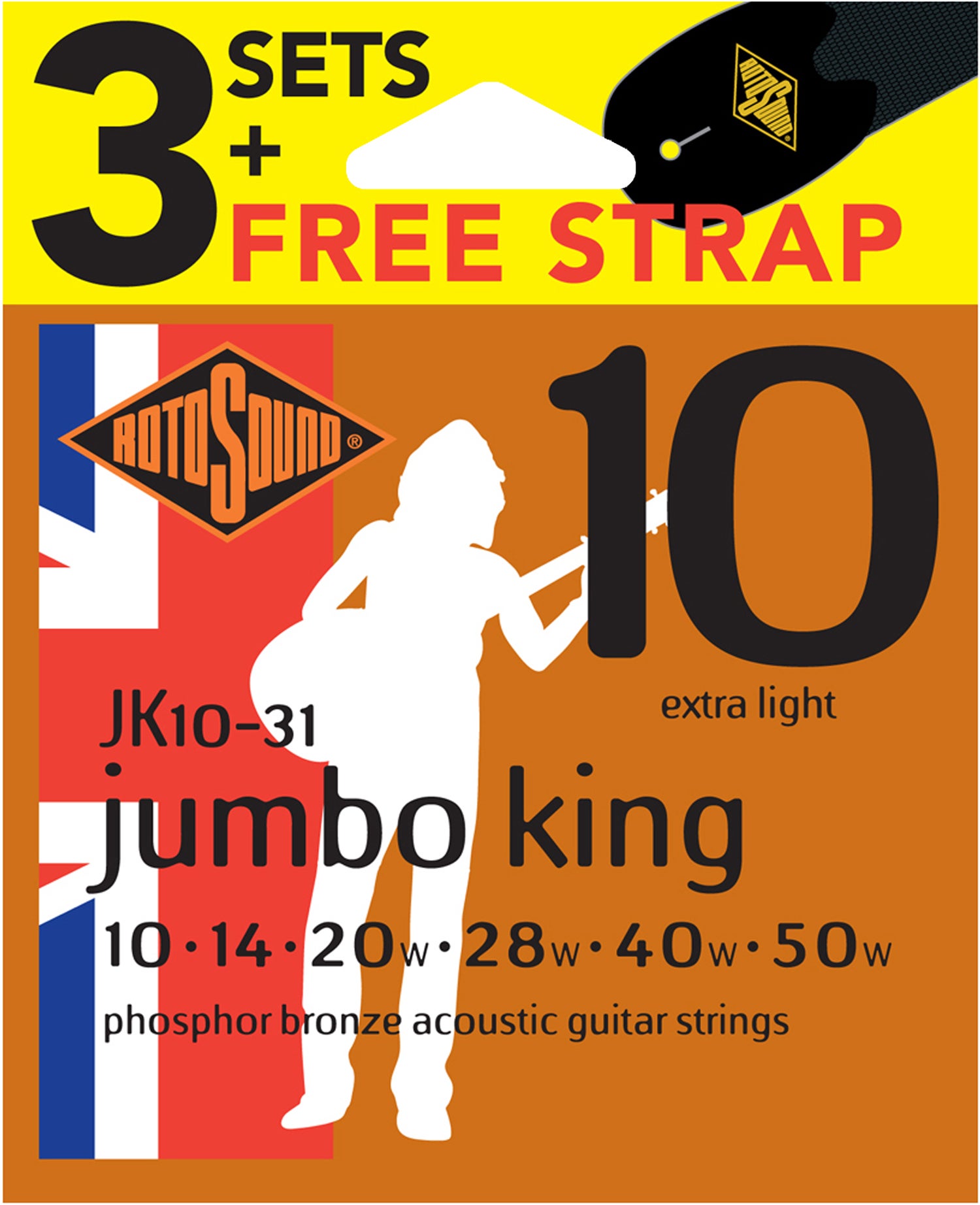Rotosound JK103PK Jumbo King Acoustic Guitar String Set Phosphor Bronze 10 50 3 Pack Music Works